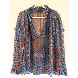 Georgine Made In Italy Blue Leopard Velvet Devore Silk Blend Tie Neck Blouse 14
